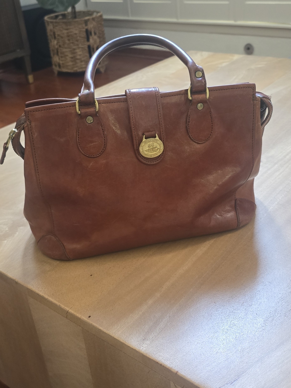 Vintage Brahmin Smooth Cognac Leather Satchel Handbag Brass Sailboat Medallion